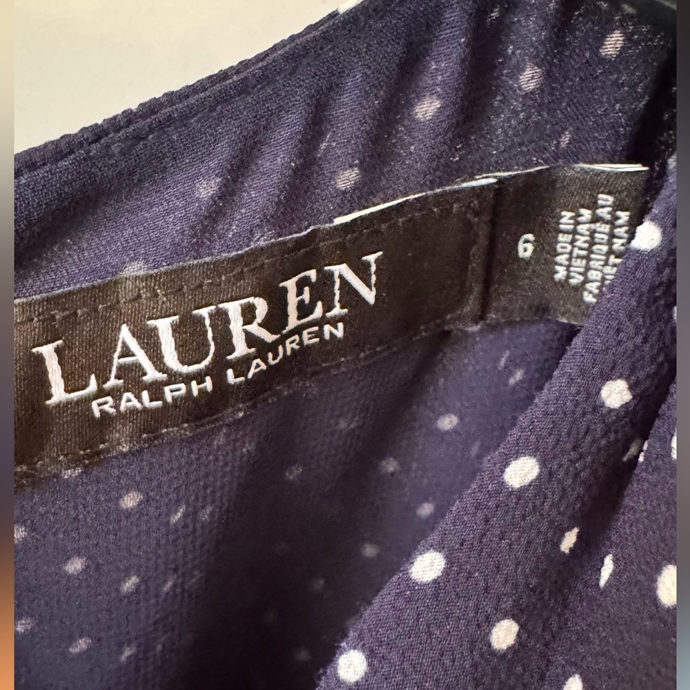 Lauren Ralph Lauren Polka Dot Dress Gold Button Shoulder Navy Size 6 - Picture 4 of 4
